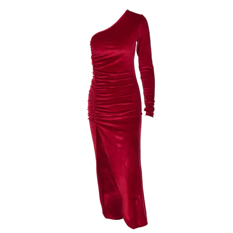 FashionSierra - Women Long Sleeve Party Evening Velvet Bodycon Split Pencil Spring Autumn Clothes Midi Dress