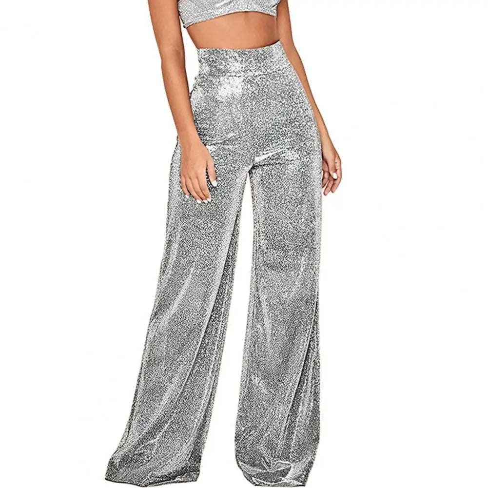 FashionSierra - Waist Elastic Waistband Straight Full Length Club Night Sequins Loose Wide Leg Female Trouser