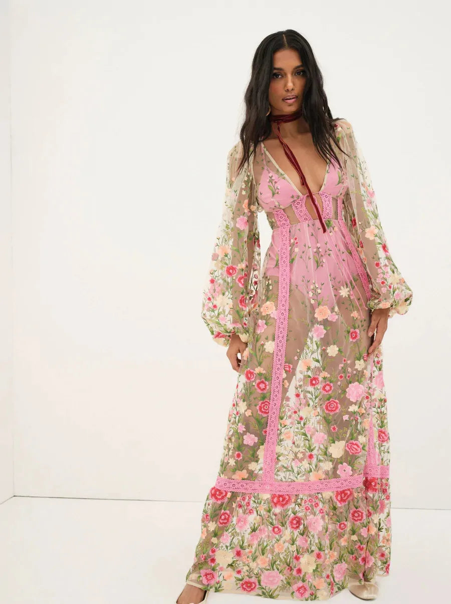 DressBetty - 2024 Women Backless See-through V-Neck Long Sleeve Floral Dress
