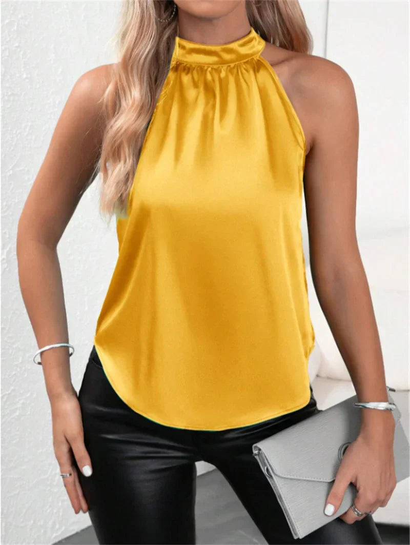 Summer Casual Sleeveless Halter Collar Solid Color Women's Blouse