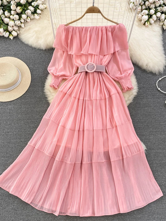 Women Vintage Off Shoulder Dress Chiffon Summer Sweet Lotus Leaf Edge Elegant Pleated Dresses Ladies Evening Party Long Dress