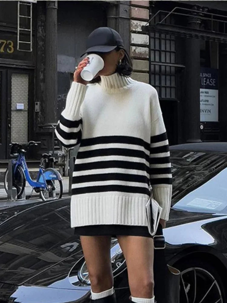 Women's Contrast Stripe Knitted Pullover Elegant Turtleneck Long Sleeve Sweater