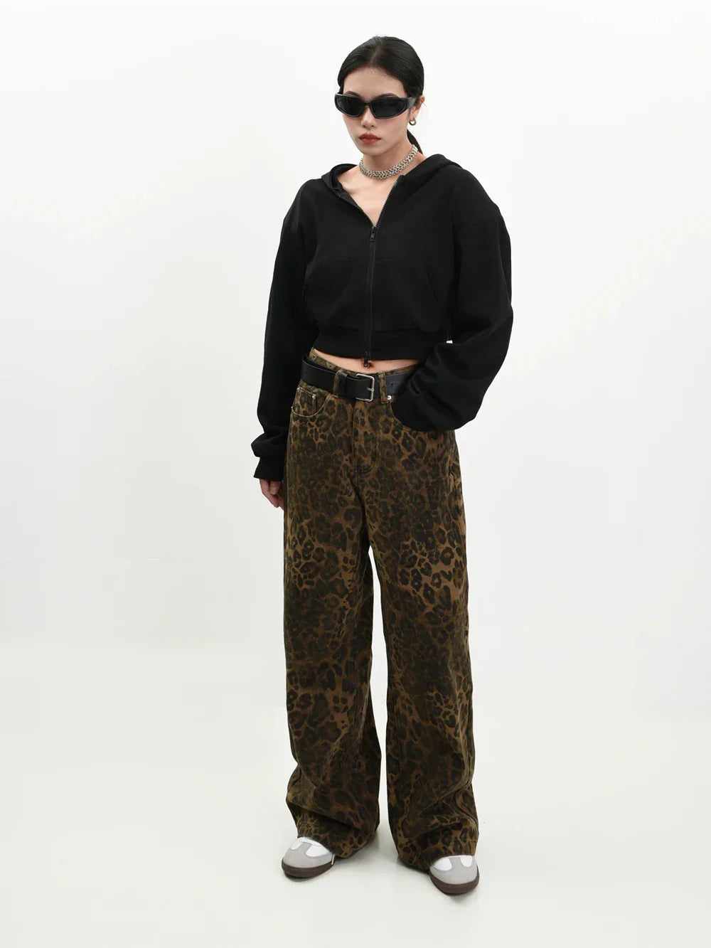 Retro Street Style Wide Leg Leopard Print Jeans