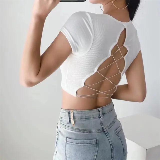 Women’s O-neck Backless T-shirt Short Sleeve Solid Color Crop Top Summer Cute Baby Tee Y2K Clothes Skinny Tunics Fashion Tops