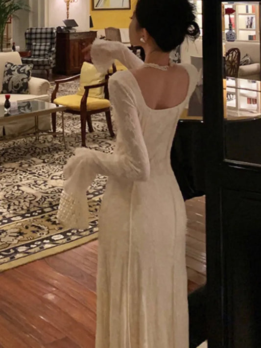 Women’s Solid Midi Dress Flare Sleeves Square Collar A-Line Lace Up Autumn Spring French Elegant Vintage Prom Robe Vestidos New