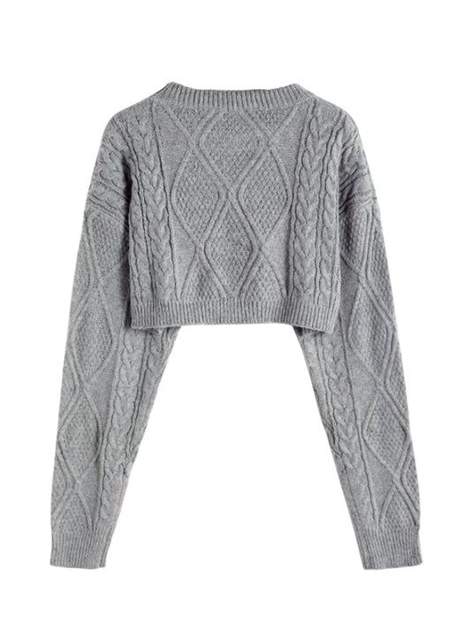 Long Round Collar Pullover Short Twist Solid Winter Sweater
