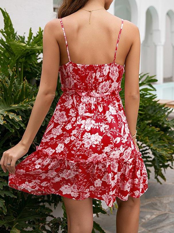 A Line Floral Print V-neck Strap Dress for Women