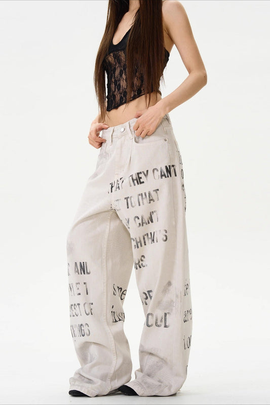 American Vintage Letter Graffiti Chic Slim Fit Jeans