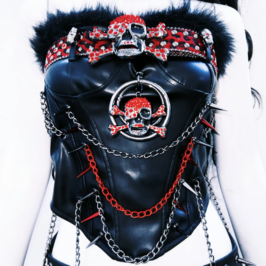 Metal chain fluffy PU leather o ring skull applique top | Festival Outfits Women