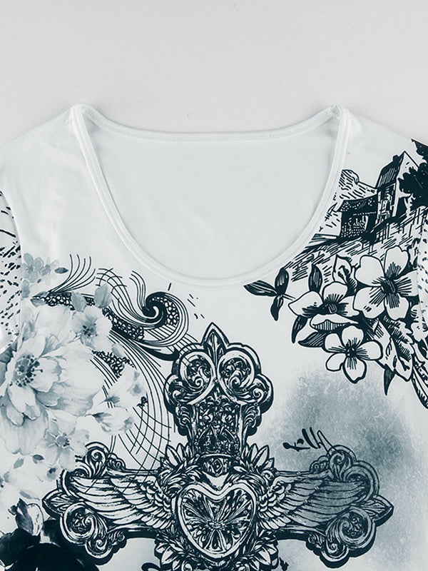 Vintage Cross Flower Print Slim Long Sleeve Tee