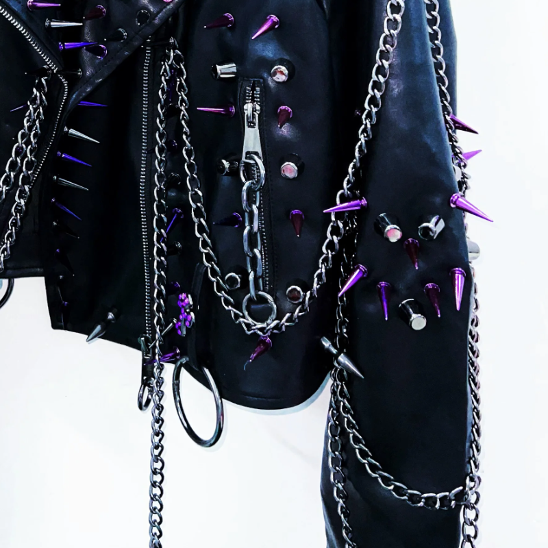 Long sleeve metal chain turnover collar zip-up o ring top | Festival Outfits Women