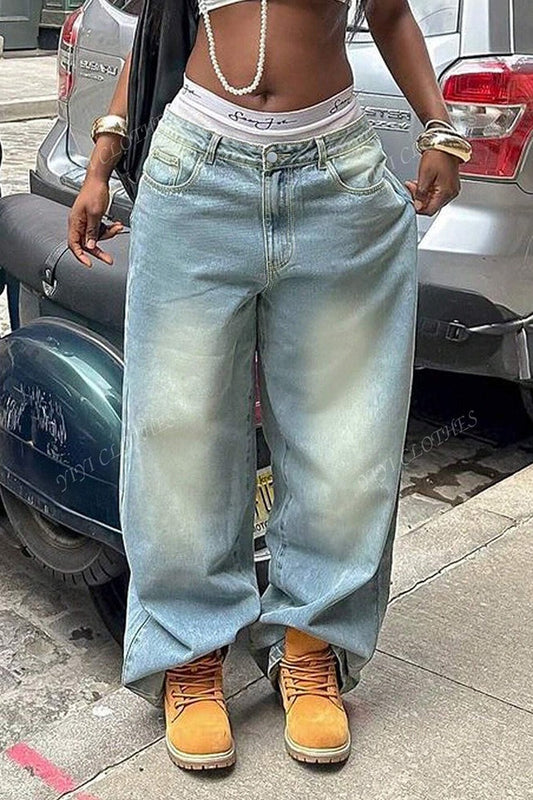 Vintage Washed Wide Straight Jeans