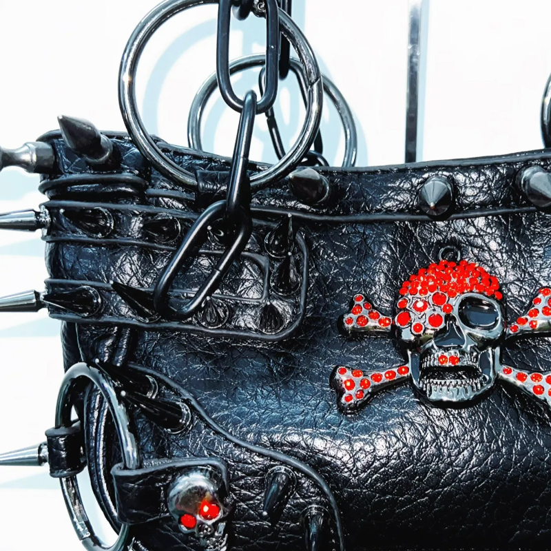 Metal chain o ring skull applique PU leather handbag | Festival Outfits Women