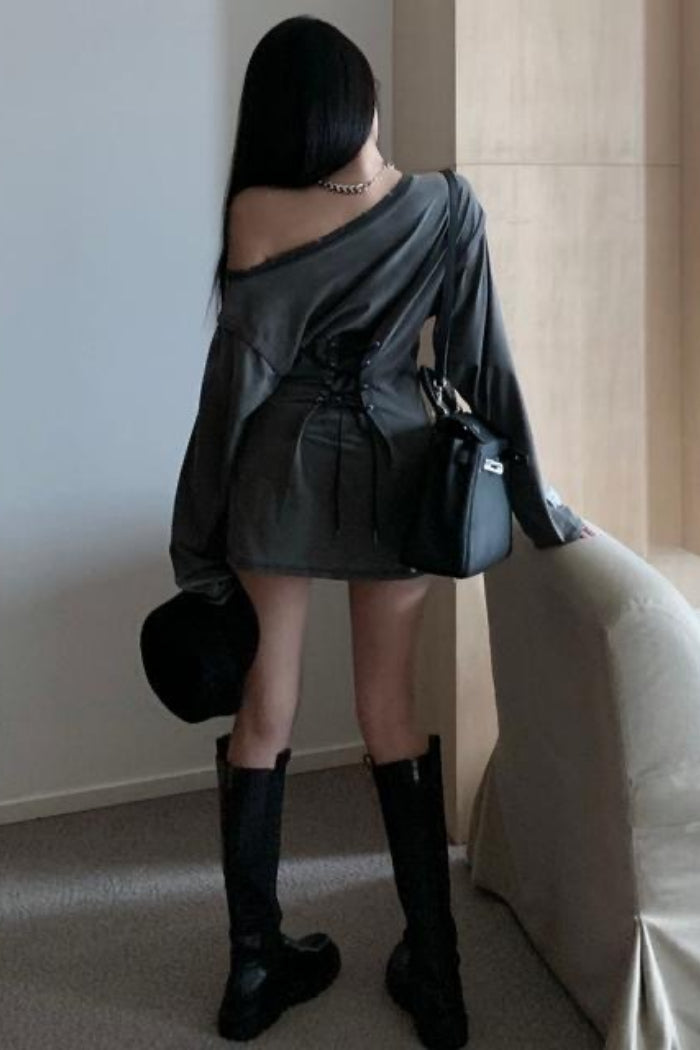 Strappy Asymmetric Shoulder Hoodie Mini Dress