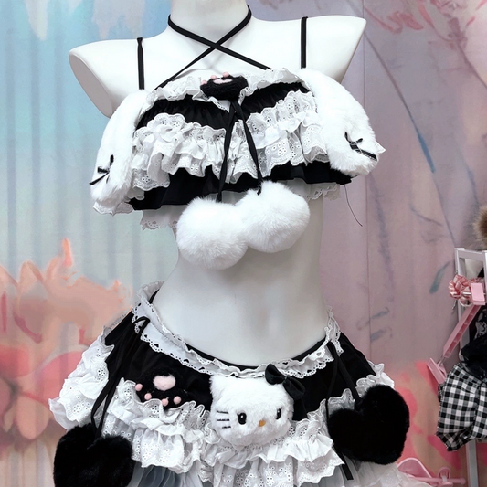 Lace hem " hello kitty " applique cami mini skirt set | Festival Outfits Women