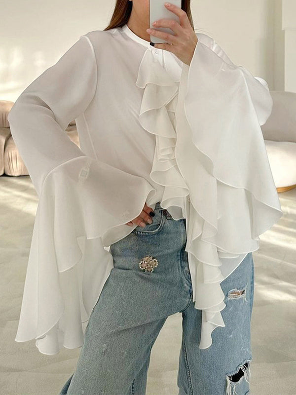 Round Neck Trumpet Sleeve Ruffled Chiffon Shirt