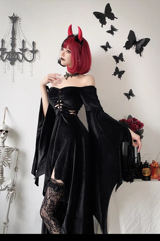 Gothic Velvet Bat Sleeve Dark Maxi Dress