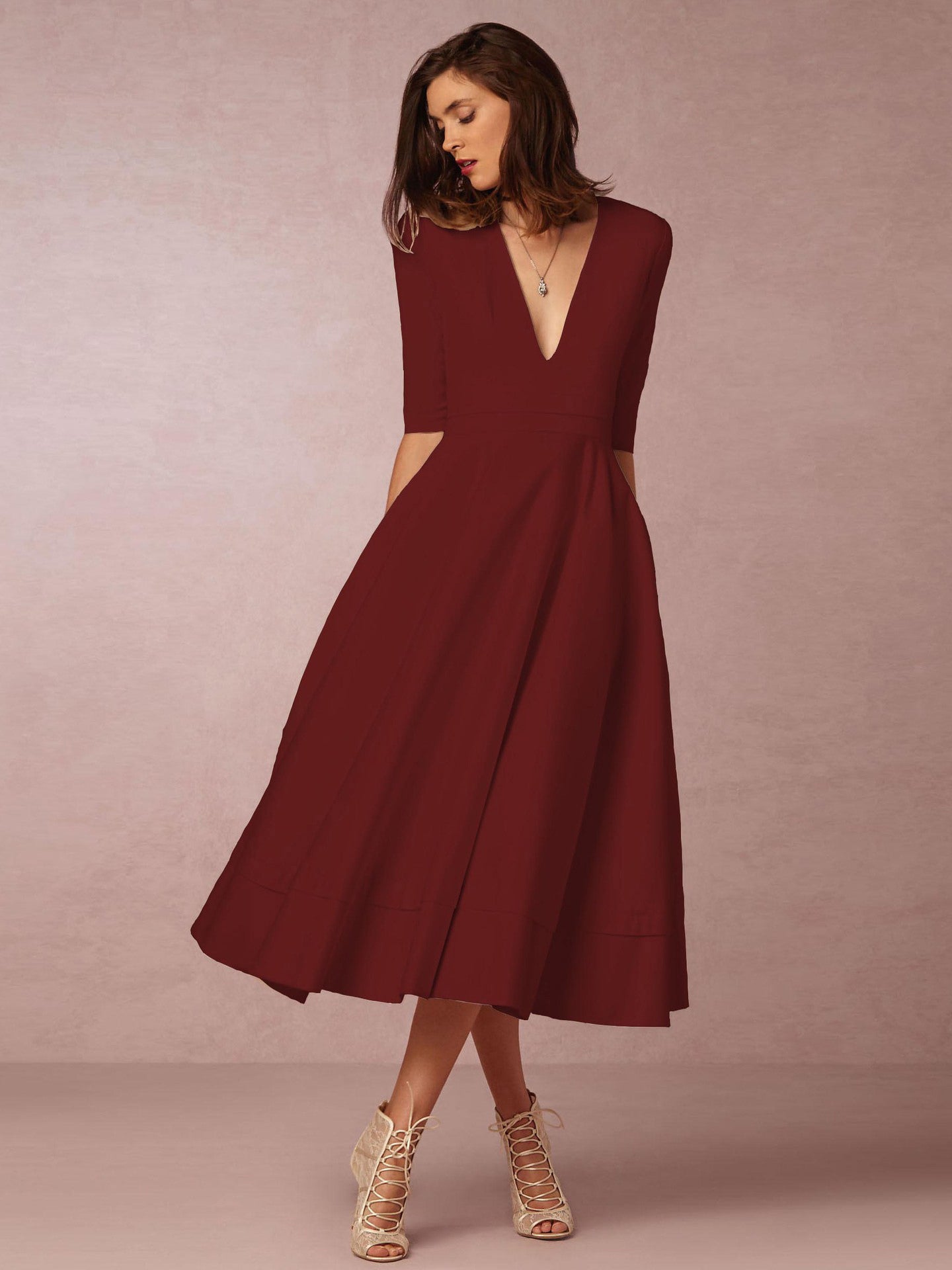 Plunge Midi Dress Half Sleeves Pockets A-Line Prom Dresses In Burgundy