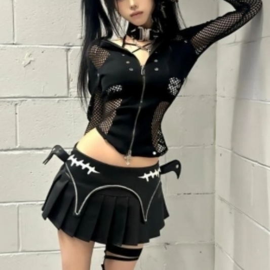 Zip-up hollow out long sleeve pleated mini skirt set | Festival Outfits Women