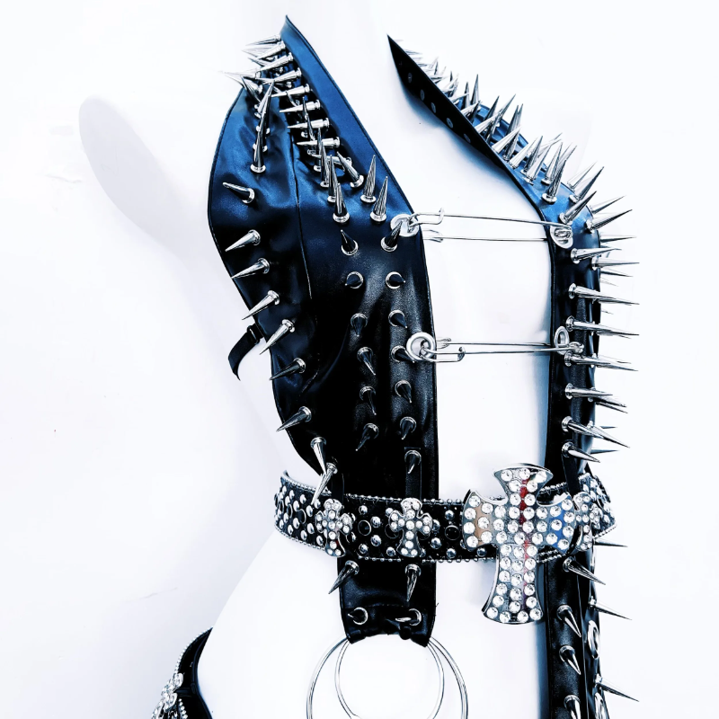 Irregular rivet applique o ring PU leather backless top | Festival Outfits Women