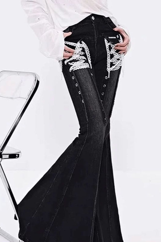 Low-Rise Lace-Up Bootcut Slim Denim Pants