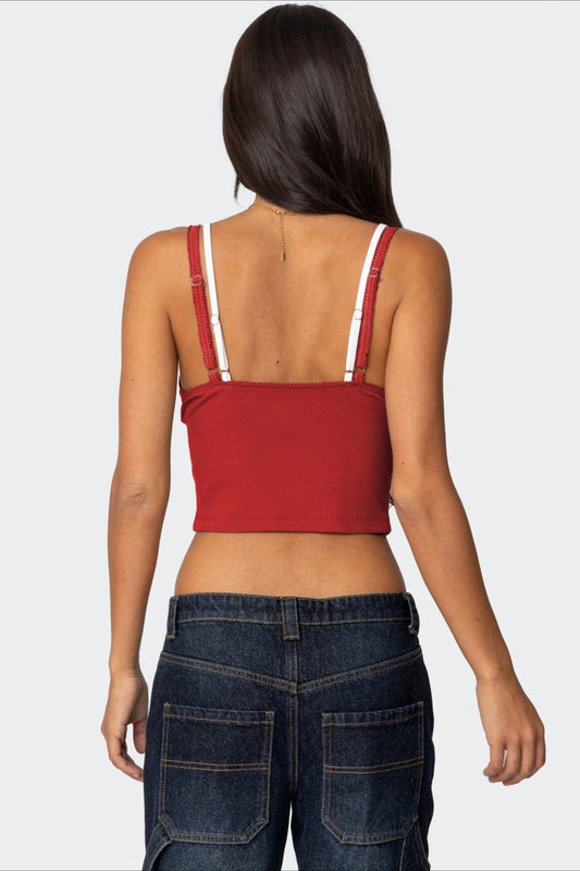 Faux Two Piece Bow Lace Sweet Crop Top