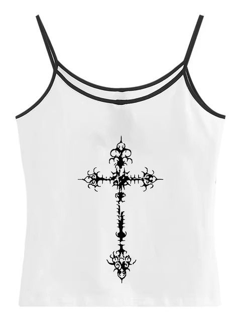Gothic Cross Print Lace Trim Crop Top