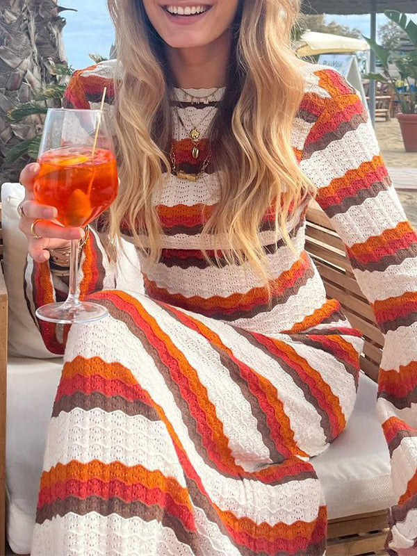 Striped Contrast Knitted Hollow Maxi Dress