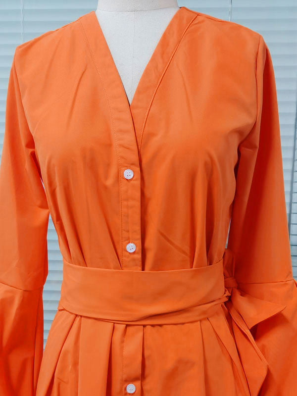 Women Orange Maxi Dresses Long Sleeves V-Neck Sash Layered Long Dress