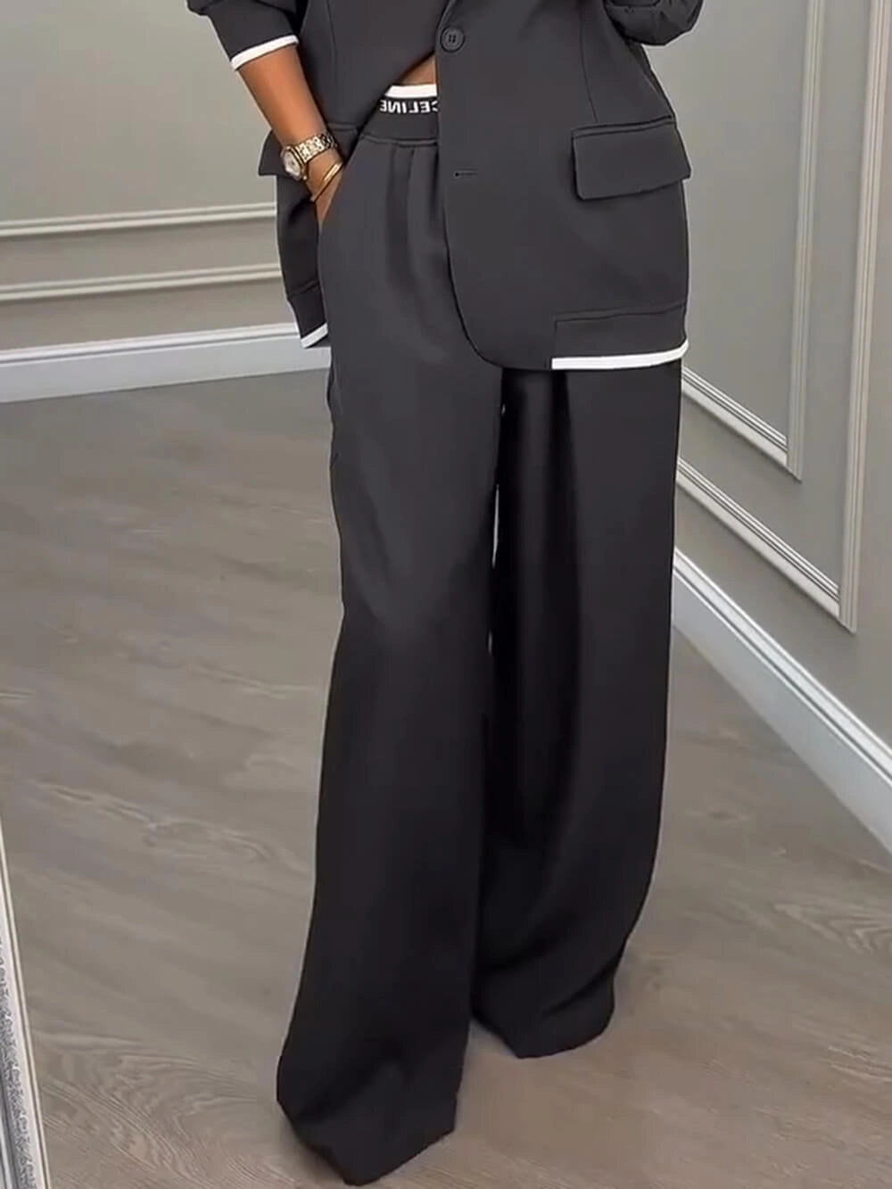 Fashion Sports Style Ribbed Colorblock Lapel Blazer and Elastic Waist Pocket Loose Pants Set