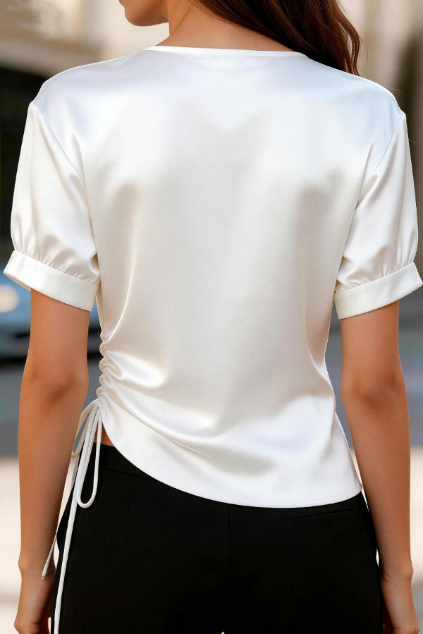 Solid Color Satin V-neck Short-sleeved Side Waist Ruching Casual Top