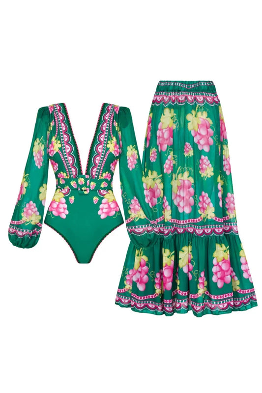 Conjunto de traje de baño de manga larga con estampado retro de escote en V profundo