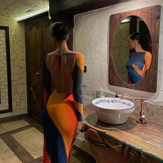 Abstract Boat Neck Long Sleeve Fishtail Maxi Dress - Multicolor