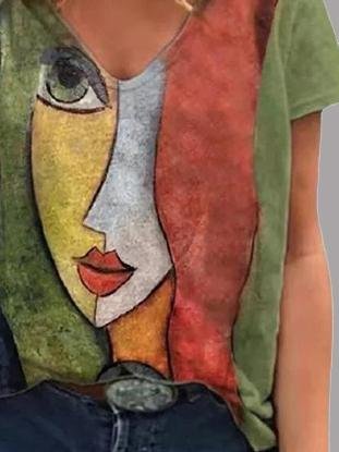 Abstract Character Print V-neck Short Sleeve T-Shirts for Women