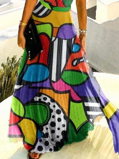 Abstract Pattern Printed Pleated Halterneck Dress for Women