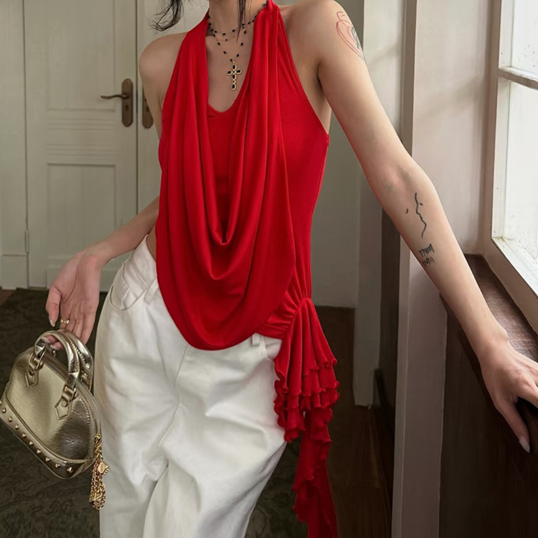 Halter irregular ruched backless solid top | Festival Outfits Women