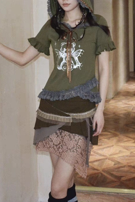 Y2K Khaki Green Hooded T-shirt