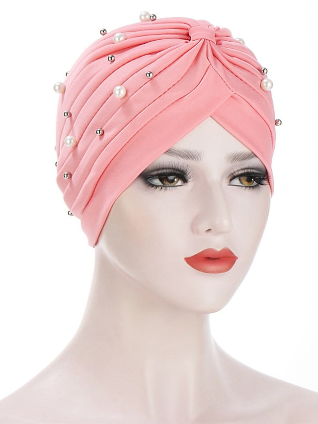 Boutique Solid Folds Pearl Muslim Turban Scarf Women Elastic Islamic Inner Hijab Caps Arab Wrap Head Femme Musulman Turbante for Women