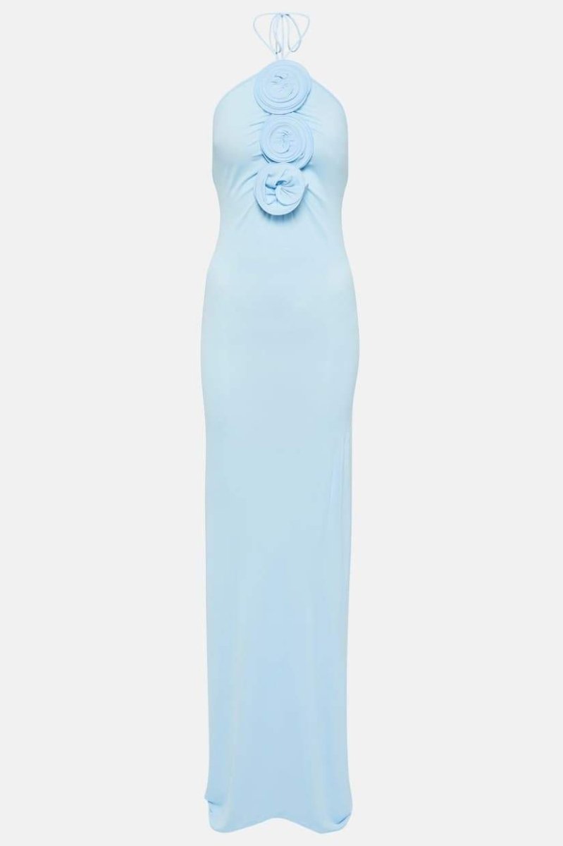 Vestido largo Alexia con cuello halter y apliques florales