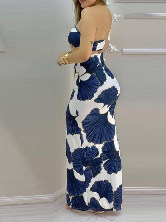 All Over Print Bandeau Crop Top & Drawstring High Slit Skirt Sets for Women