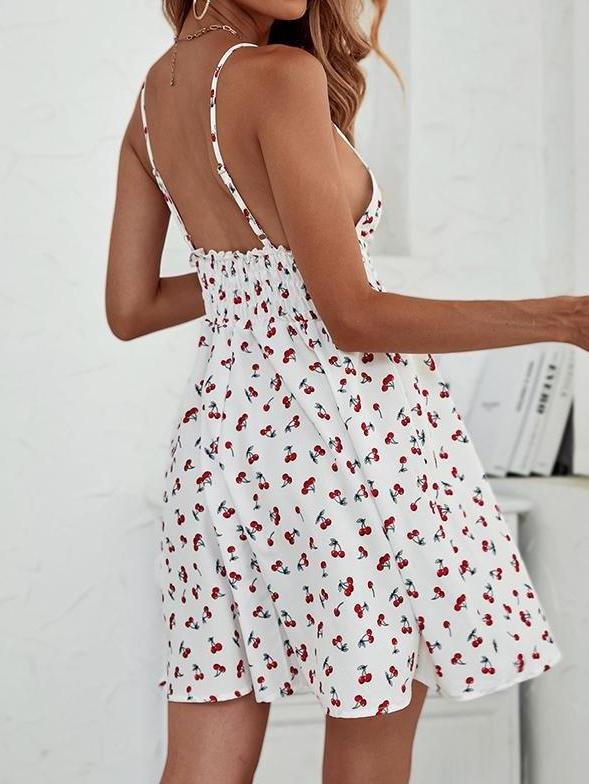 Allover Cherry Print Shirred Waist Cami Dress for Women