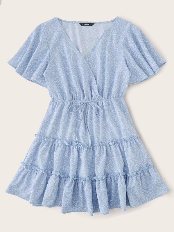 Allover Plants Print Flutter Sleeve Frill Trim Tiered Dress for Women