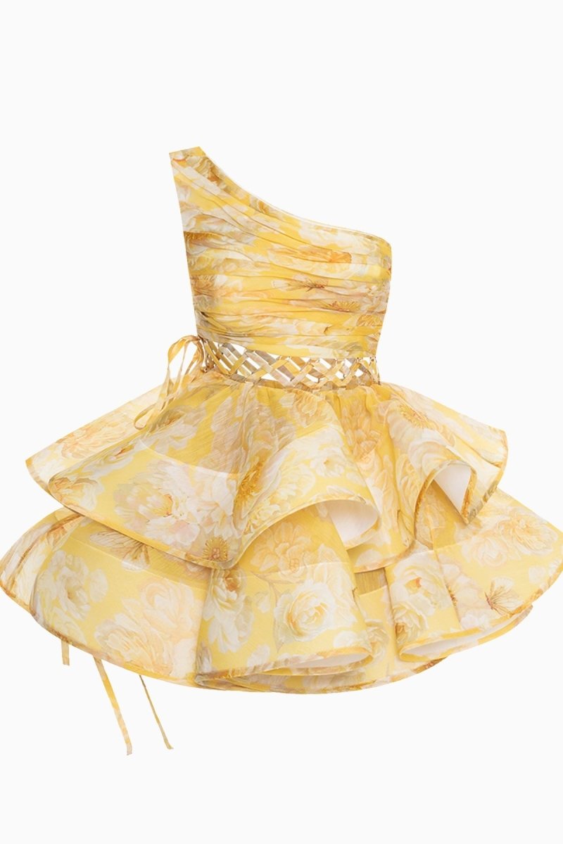 Vestido mini de gasa con un solo hombro y estampado floral de Andrea
