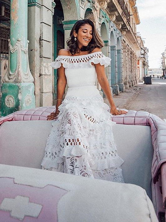 A Line Dress Maxi long Dress White Black Short Sleeve Solid Color Ruffle Spring Summer Off Shoulder Party Hot Romantic S M L XL for Women