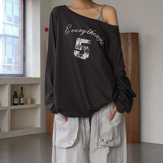 Long sleeve letter pattern one shoulder top | Festival Outfits Women