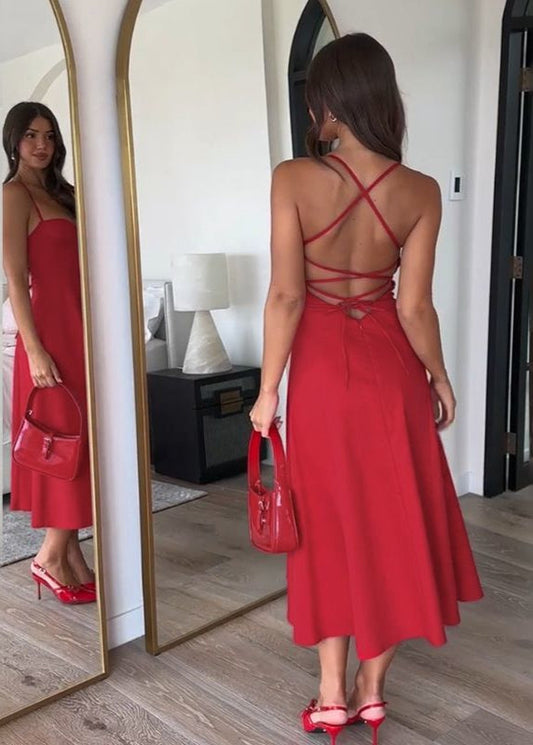 Crimson Lace-Up – Strappy Back Midi Dress with Sweetheart Neckline
