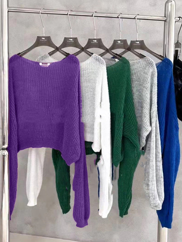 See Through Solid Loose Short Long Sleeve Knit