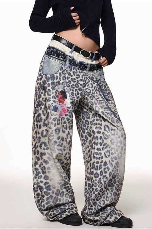 Vintage Leopard Printed Color Block Straight Leg Jeans