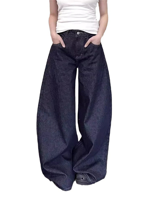Washed baggy high waist straight mopping jeans