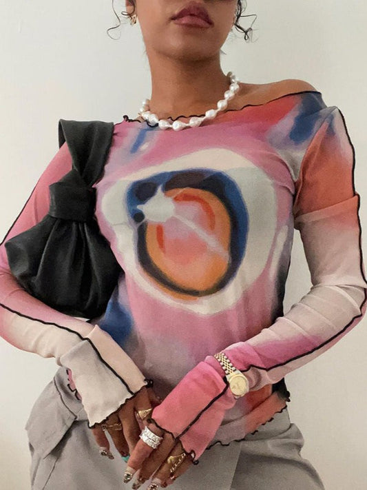 Round Neck Long Sleeve Print Mesh Top